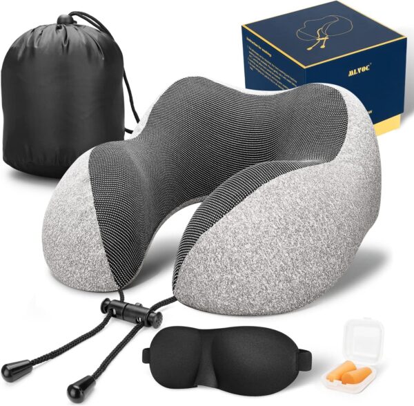 MLVOC Travel Pillow 100% Pure Memory Foam Neck Pillow, Comfortable & Breathable Cover - Machine Washable, Airplane Travel Kit with 3D Sleep Mask, Earplugs, and Luxury Bag, Grey