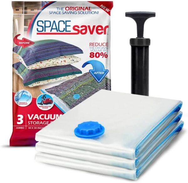 Spacesaver Vacuum Storage Bags (Jumbo 3 Pack) Save 80% on Clothes Storage Space - Vacuum Sealer Bags for Comforters, Blankets, Bedding, Clothing - Compression Seal for Closet Storage. Pump for Travel.