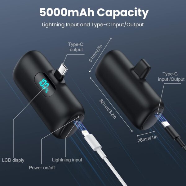 Mini Portable Charger 5000mAh Power Bank,15W PD USB C Cell Phone Portable Power, LCD Display Battery Pack Compatible With iPhone 15/15 Plus/15 Pro/15 Pro Max/Android/Samsung/Moto/LG (Type-C Only) - Image 7