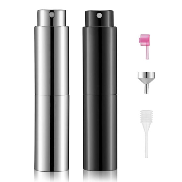 LISAPACK 8ML Atomizer Perfume Spray Bottle for Travel (2 Pack), Empty Cologne Dispenser, Portable Sprayer (Glossy Black&Silver)