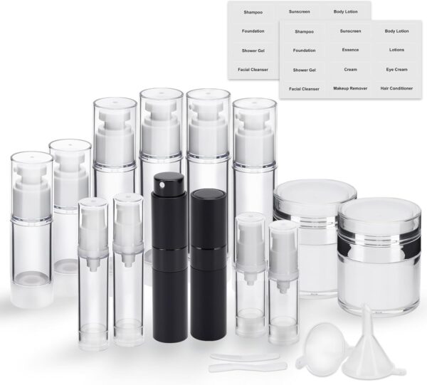 20 Pack Airless Pump Jar & Atomizer Perfume Spray Bottles Set, Leak Proof, Travel Cosmetic Containers for Shampoo Conditioner Lotion, Body wash, Cream, Toiletries, Essential Oil