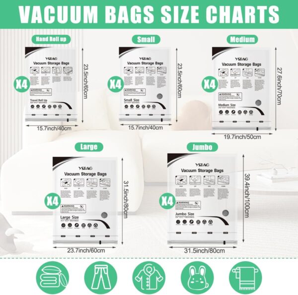 20 Pack Vacuum Storage Bags,Space Saver Bags,Travel Vacuum Bags,Vacuum Seal Bags for Clothes,Comforters, Blankets,Hand Pump Included(4 Jumbo/4 Large/4 Medium/4 Small/4 Roll) - Image 2