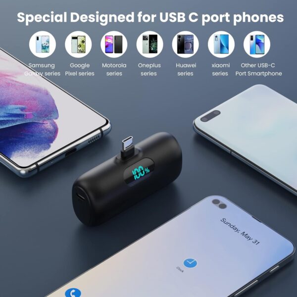 Mini Portable Charger 5000mAh Power Bank,15W PD USB C Cell Phone Portable Power, LCD Display Battery Pack Compatible With iPhone 15/15 Plus/15 Pro/15 Pro Max/Android/Samsung/Moto/LG (Type-C Only) - Image 3