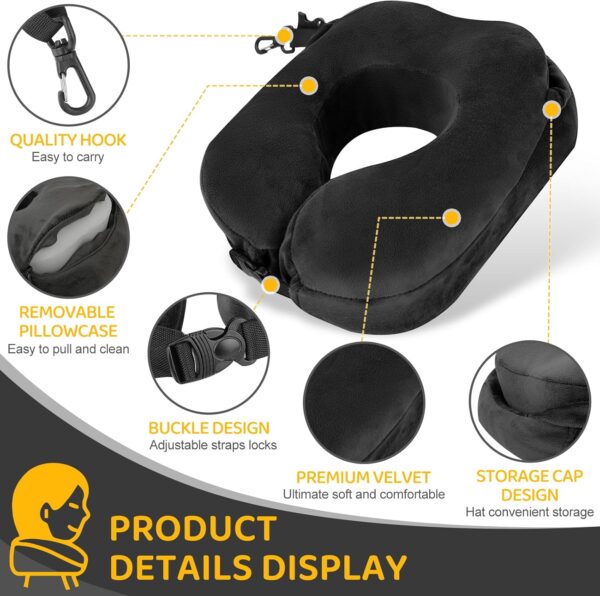 Flywish Travel Neck Pillow with Hood - Adult Travel Must Haves Airplane Hoodie Pillow, Premium Quality Memory Foam, Fit for Office, Car Ride, Sleeping. Kit with Earplugs, Luxury Bag(Ebony, M) - Image 2