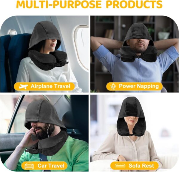 Flywish Travel Neck Pillow with Hood - Adult Travel Must Haves Airplane Hoodie Pillow, Premium Quality Memory Foam, Fit for Office, Car Ride, Sleeping. Kit with Earplugs, Luxury Bag(Ebony, M) - Image 6