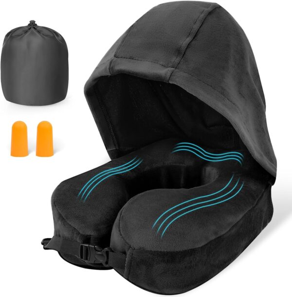 Flywish Travel Neck Pillow with Hood - Adult Travel Must Haves Airplane Hoodie Pillow, Premium Quality Memory Foam, Fit for Office, Car Ride, Sleeping. Kit with Earplugs, Luxury Bag(Ebony, M)