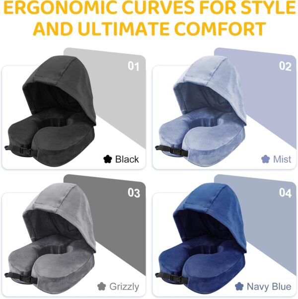 Flywish Travel Neck Pillow with Hood - Adult Travel Must Haves Airplane Hoodie Pillow, Premium Quality Memory Foam, Fit for Office, Car Ride, Sleeping. Kit with Earplugs, Luxury Bag(Ebony, M) - Image 7