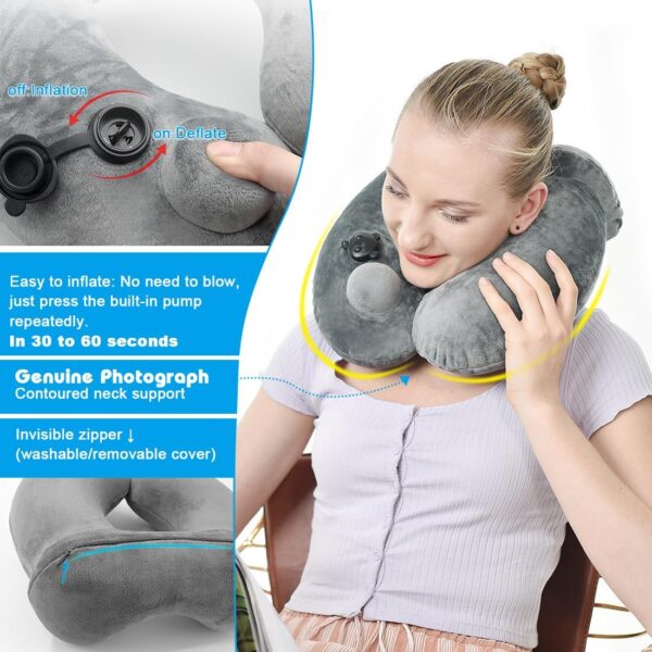 Self-Inflatable Neck Travel Pillow with Compact Bag and Washable Cover for Sleeping Airplane Soft Velvet Pillow for Long Flight Neck Cushion for Head Support Car Home Office (GreyGreen 2 Pack) - Image 4