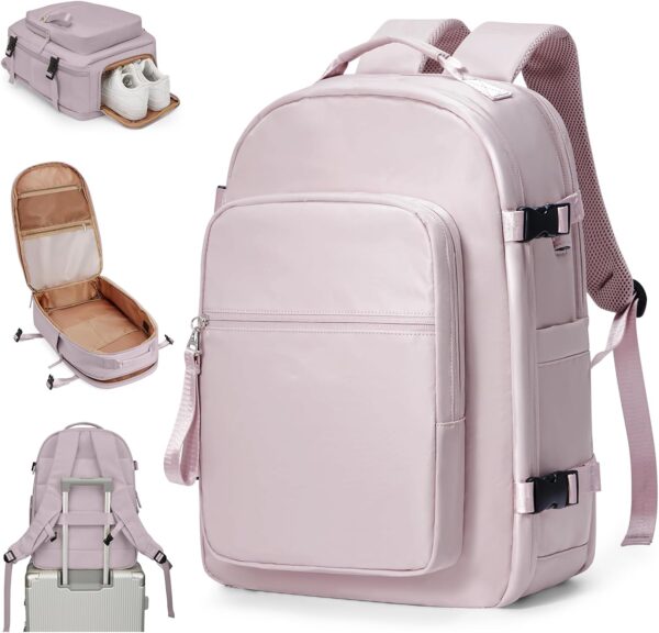 Travel Backpack For Women Men Carry On Backpack For Traveling On Airplane Travel Essentials Hiking Waterproof Laptop Backpack With Shoe Compartment Gym Work College Backpack For Travel Bag Pink Purple