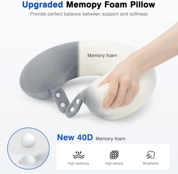 Travel Neck Pillow Airplane, Soft Memory Foam Support Head Neck Chin, with Removale Cover and Adjustable Snap Button, Comfortable Sleeping in Plane Car Train Traveling Office, Light Grey - Image 2