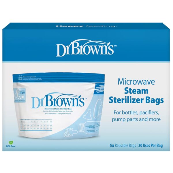 Dr. Brown's Microwave Steam Sterilizer Bags for Baby Bottles, Pacifiers, Pump Parts and Accessories, Travel Baby Bottle Sterilizer, 30 Uses per Bag, 5 Count (Pack of 1)