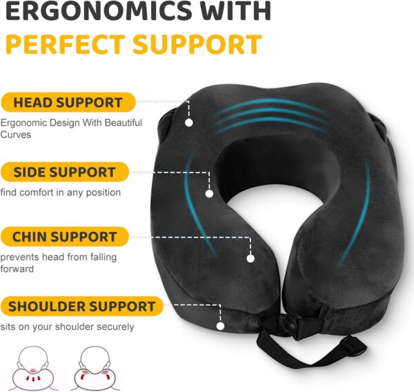 Flywish Travel Neck Pillow with Hood - Adult Travel Must Haves Airplane Hoodie Pillow, Premium Quality Memory Foam, Fit for Office, Car Ride, Sleeping. Kit with Earplugs, Luxury Bag(Ebony, M) - Image 3