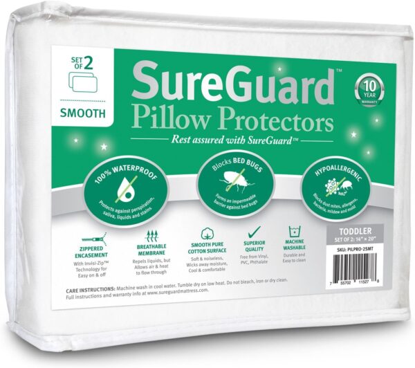 Set of 2 Travel Size SureGuard Pillow Protectors - 100% Waterproof, Bed Bug Proof, Hypoallergenic - Premium Zippered Cotton Covers - Smooth