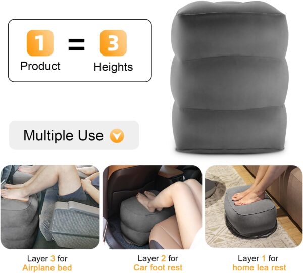 Maliton Inflatable Travel Foot Rest Pillow, Airplane Bed for Kids, Car Foot Leg Rest Pillow, Adjustable Height for Airplane, Car, Train, Home, Office(Dark Grey, 1 Pack) - Image 4