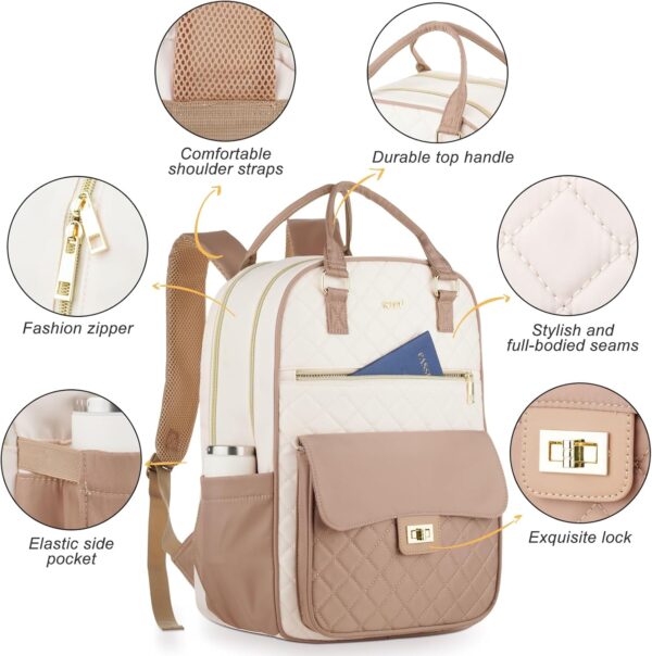 School Backpack for Teen Girl,Aesthetic Schoolbag Bookbag with 15.6-Inch-Laptop Compartment for Women College Student Work Travel Nurse Teacher,Khaki-Beige - Image 3