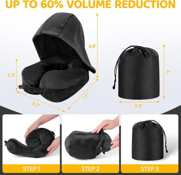 Flywish Travel Neck Pillow with Hood - Adult Travel Must Haves Airplane Hoodie Pillow, Premium Quality Memory Foam, Fit for Office, Car Ride, Sleeping. Kit with Earplugs, Luxury Bag(Ebony, M) - Image 4