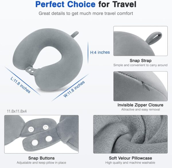 Travel Neck Pillow Airplane, Soft Memory Foam Support Head Neck Chin, with Removale Cover and Adjustable Snap Button, Comfortable Sleeping in Plane Car Train Traveling Office, Light Grey - Image 4