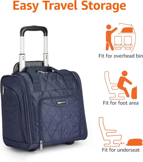 Amazon Basics Underseat Carry-On Rolling Travel Luggage Bag, 14 Inches, Navy Blue Quilted - Image 4