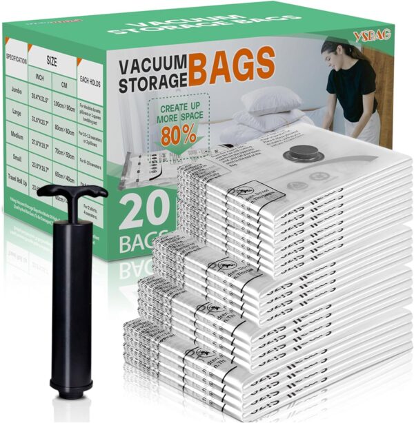 20 Pack Vacuum Storage Bags,Space Saver Bags,Travel Vacuum Bags,Vacuum Seal Bags for Clothes,Comforters, Blankets,Hand Pump Included(4 Jumbo/4 Large/4 Medium/4 Small/4 Roll)