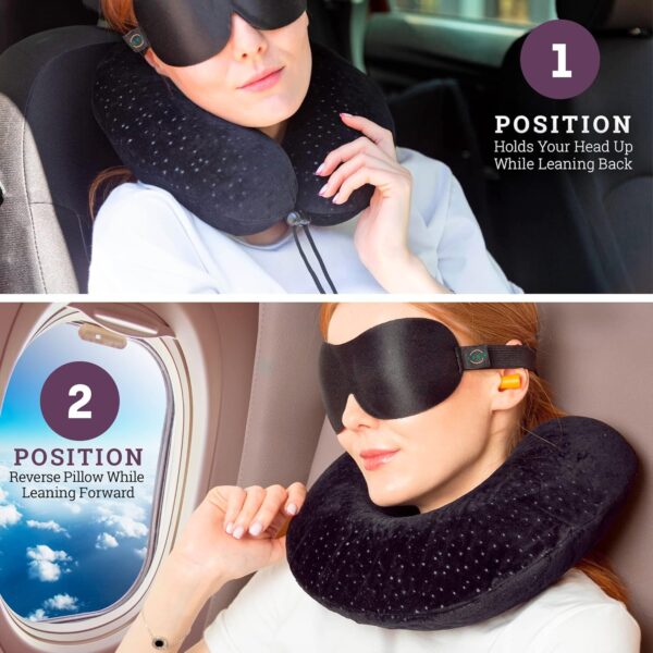 Memory Foam Travel Pillow for Airplanes - Best Airplane Neck Pillow for Long Flights - Plane Accessories Carry Bag to Save Space, Ear Plugs and Eye Mask - Perfect Flight Set & Gift - Image 2