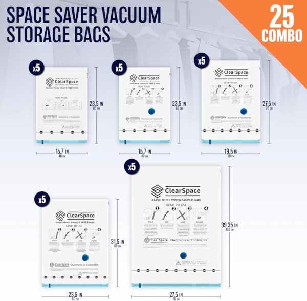 ClearSpace Vacuum Storage Bags, Space Saver Bags – 25 Combo Vacuum Seal Bags for Clothing, Blanket Storage, Clothes Storage – Vacuum Sealer Bags, Storage Bags or Travel Bags, Hand Pump Included - Image 2