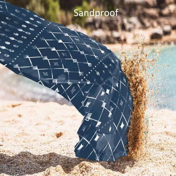 Beach Blanket Waterproof Sandproof, Large Beach Picnic Blankets Foldable Sand Free, Beach Mat Windproof w/Stakes and Corner Pocket for Outdoor, Travel, Camping, Hiking, Beach Essentials-Navy Geometry - Image 6