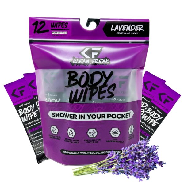 Body Wipes - Individually Wrapped | Showerless Body Wipes for Women & Men | Sustainable Body Wipes for Gym, Travel, Camping | Lavender, 12 Pack