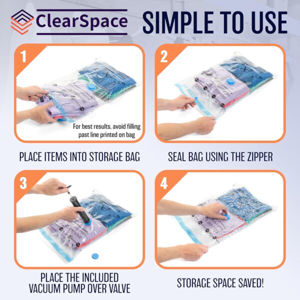 ClearSpace Vacuum Storage Bags, Space Saver Bags – 25 Combo Vacuum Seal Bags for Clothing, Blanket Storage, Clothes Storage – Vacuum Sealer Bags, Storage Bags or Travel Bags, Hand Pump Included - Image 5