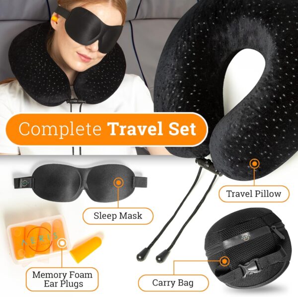 Memory Foam Travel Pillow for Airplanes - Best Airplane Neck Pillow for Long Flights - Plane Accessories Carry Bag to Save Space, Ear Plugs and Eye Mask - Perfect Flight Set & Gift - Image 5