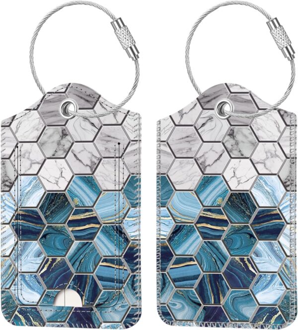 2 Pcs Luggage Tags, Fintie Privacy Cover ID Label with Stainless Steel Loop and Address Card for Travel Bag Suitcase, Agate Hexagons