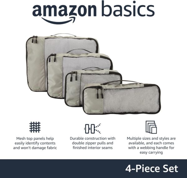 Amazon Basics 4 Piece Packing Cubes for Travel, Travel Organizer Zipper Cubes Set, Small, Medium, Large, and Slim, Gray - Image 2