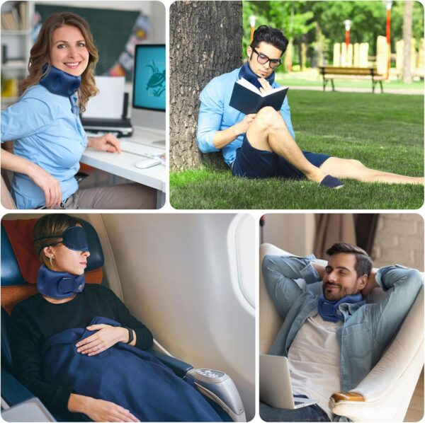 ONTYZZ Blue Inflatable Travel Pillow 360° Head Support Aircraft Neck Pillow Skin-Friendly Fabrics Relief Prevent Snoring of Cervical Spine Pressure for Camping Airplane Office Home Travel - Image 6