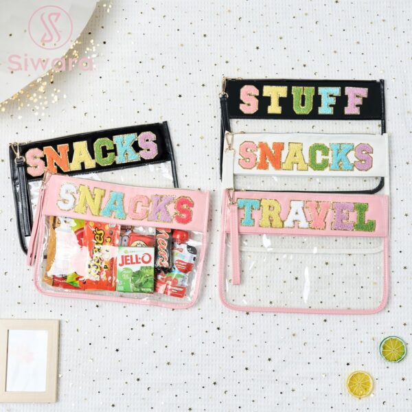 Snack Bags Clear Pouch Travel Makeup Bag Chenille Letter Bags for Zipper Pouch Clear Cosmetic Bag Clear Tote Bag Makeup Travel Bag for Women - Image 6