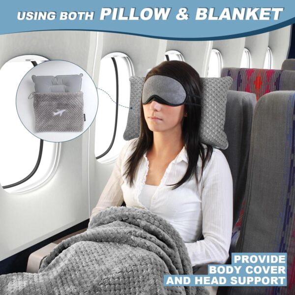 3 in 1 Travel Pillow and Blanket Set - 280 GSM Travel Blanket Airplane Compact with Bag, Inflatable Travel Pillow, Packable Airplane Blanket, Luggage Sleeve & Backpack Clip (Light Grey) - Image 2