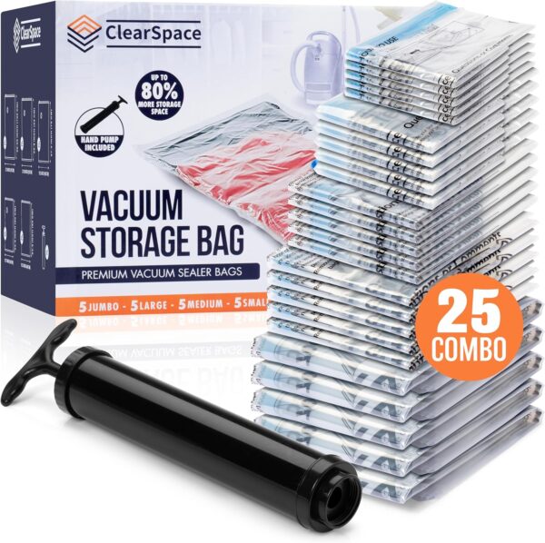 ClearSpace Vacuum Storage Bags, Space Saver Bags – 25 Combo Vacuum Seal Bags for Clothing, Blanket Storage, Clothes Storage – Vacuum Sealer Bags, Storage Bags or Travel Bags, Hand Pump Included