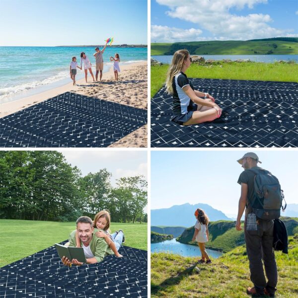 Beach Blanket Waterproof Sandproof, Large Beach Picnic Blankets Foldable Sand Free, Beach Mat Windproof w/Stakes and Corner Pocket for Outdoor, Travel, Camping, Hiking, Beach Essentials-Navy Geometry - Image 5