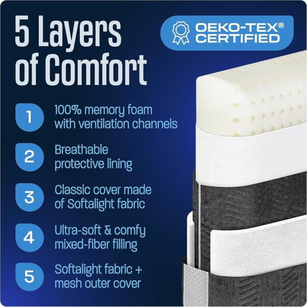 100% Memory Foam Pillow - Dual-Cover Travel Pillows with Soft Height Extender - Medium Firm Foam - Camping Pillow for Sleeping with 5 Layers for Comfort and Support - Small and Portable (Black) - Image 3