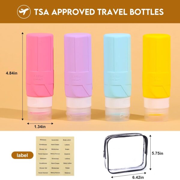 FADVAN Travel Bottles for Toiletries, 3.3oz Tsa Approved Travel Size Containers, BPA Free Leak Proof Silicone Travel Bottles, Refillable Travel Accessories Easy to Squeeze and Clean (Macaron) - Image 5