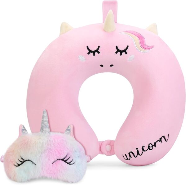 Kids Neck Pillow, Unicorn Kids Travel Pillow, Toddler Neck Pillow for Traveling with Eye Mask, Travel Essentials for Road Trip Airplane Car Seat, Cute Headrest Memory Foam Pillow for Gift (Pink)