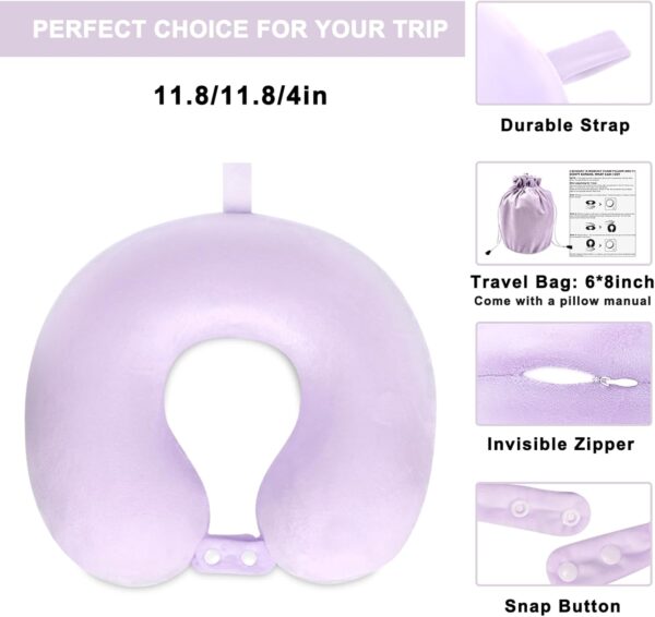 Travel Neck Pillow Airplane, Soft Memory Foam Support Head Neck Chin, with Removale Cover and Adjustable Snap Button, Comfortable Sleeping in Plane Car Train Traveling Office Home, Purple - Image 4