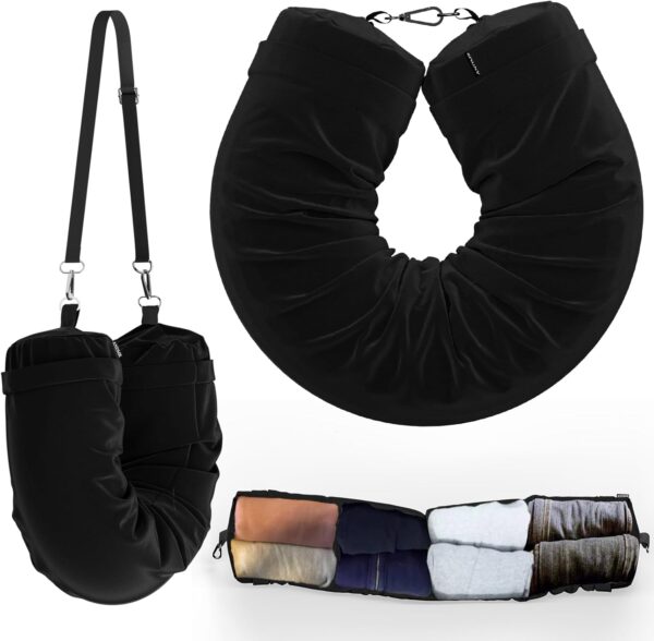 Travel Neck Pillow Stuffable with Clothes - No Extra Baggage Fees, Fits 3+ Days of Travel Storage Bag, Travel Pillows for Sleeping Airplane, No Filler, Elastic Velvet (Black)