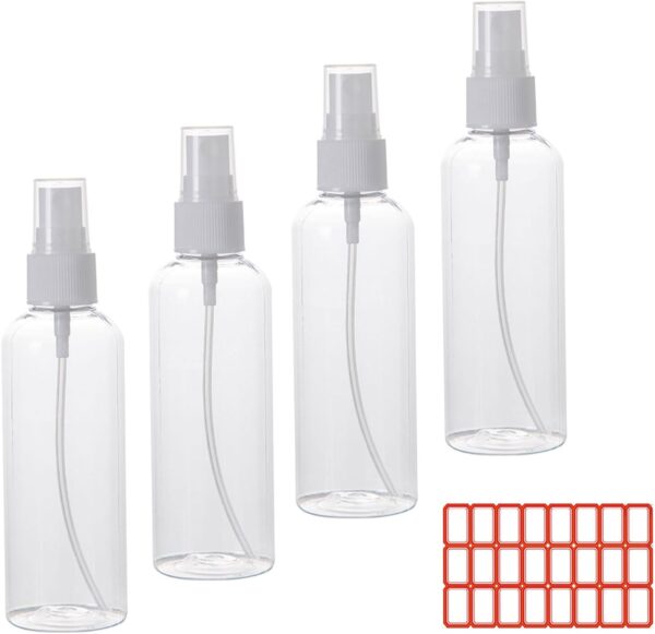 Small Spray Bottle, 4 Pack 100ml/3.5 oz Travel Spray Bottle Clear Plastic Refillable Empty Fine Mist Spray Bottle with 24pcs Labels for Travel, Cleaning, Gardening, Skin Care