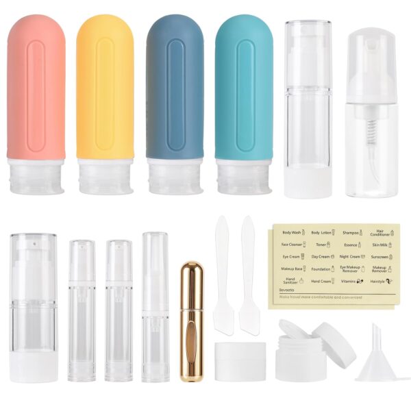 Beveetio 19 Pack Travel Bottles TSA Approved, 3OZ Leakproof Silicone Refillable Travel Size Containers for Toiletries, BPA Free Travel Accessories Tubes Cosmetic Shampoo Lotion Soap