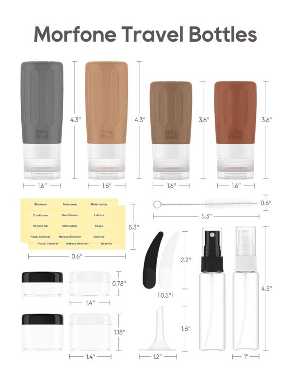 Morfone 16 Pack Silicone Travel Bottles Set for Toiletries TSA Approved Travel Containers Leakproof Squeezable Refillable Travel Accessories 2oz 3oz for Shampoo Conditioner Lotion Liquids (Brown) - Image 7