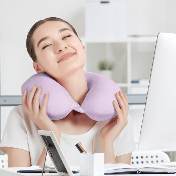 Travel Neck Pillow Airplane, Soft Memory Foam Support Head Neck Chin, with Removale Cover and Adjustable Snap Button, Comfortable Sleeping in Plane Car Train Traveling Office Home, Purple - Image 6