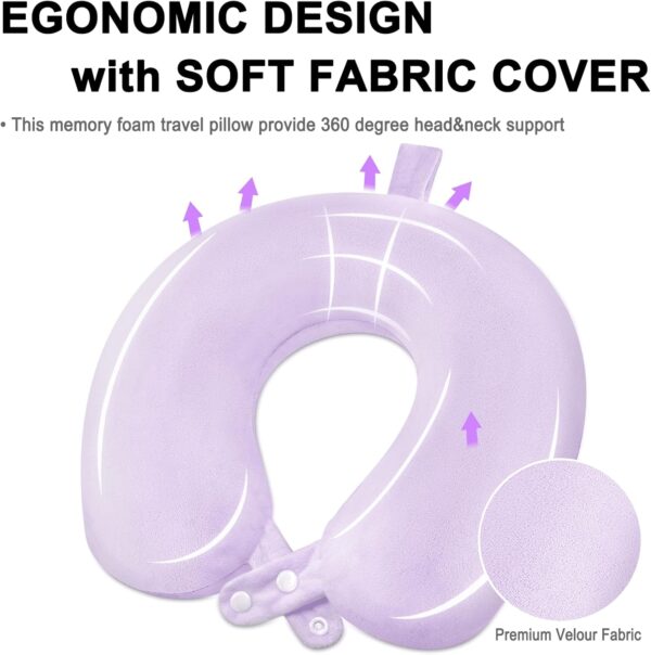 Travel Neck Pillow Airplane, Soft Memory Foam Support Head Neck Chin, with Removale Cover and Adjustable Snap Button, Comfortable Sleeping in Plane Car Train Traveling Office Home, Purple - Image 3