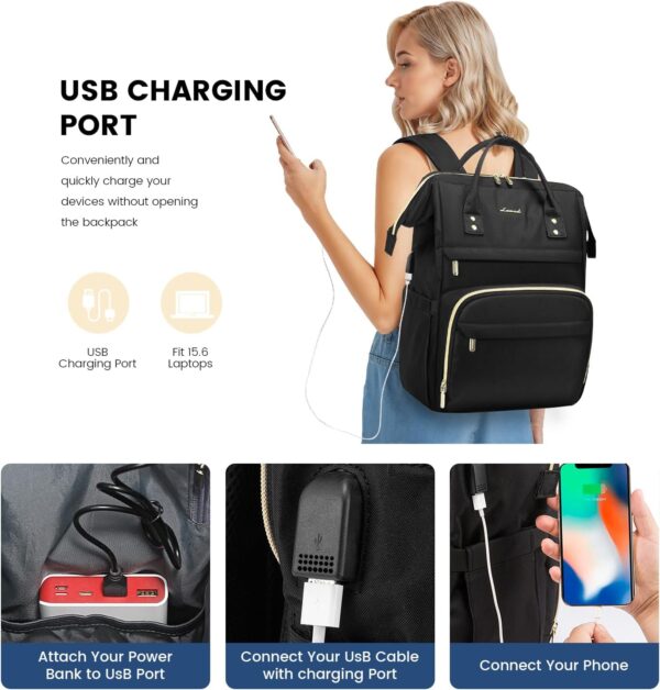 LOVEVOOK Laptop Backpack Women, 15.6 Inch Work Backpack Woman for Teacher Nurse Bags, Computer College Backpack Purse, Waterproof Anti-theft Travel Back Pack with USB Charging Port, Black - Image 3