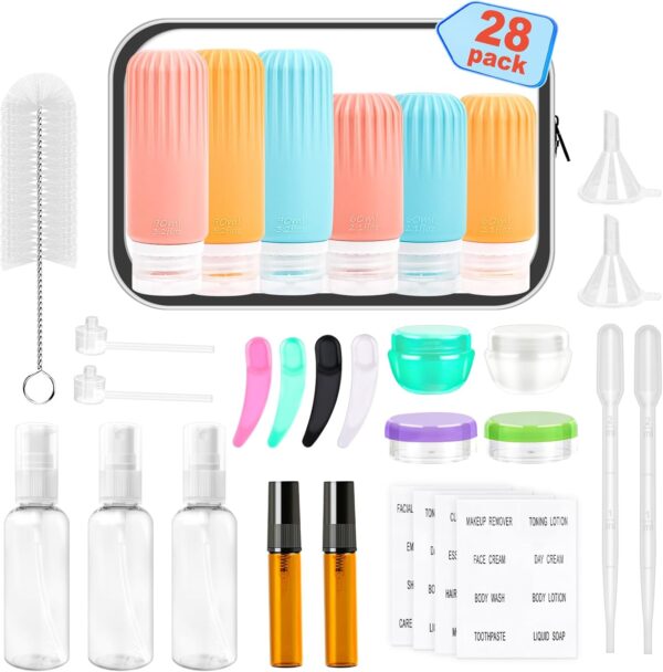 28 Pack Travel Bottles Set for Toiletries, Leak Proof TSA Approved Travel Size Containers Squeezable Silicone Travel Essentials for Shampoo Conditioner Lotion Creams