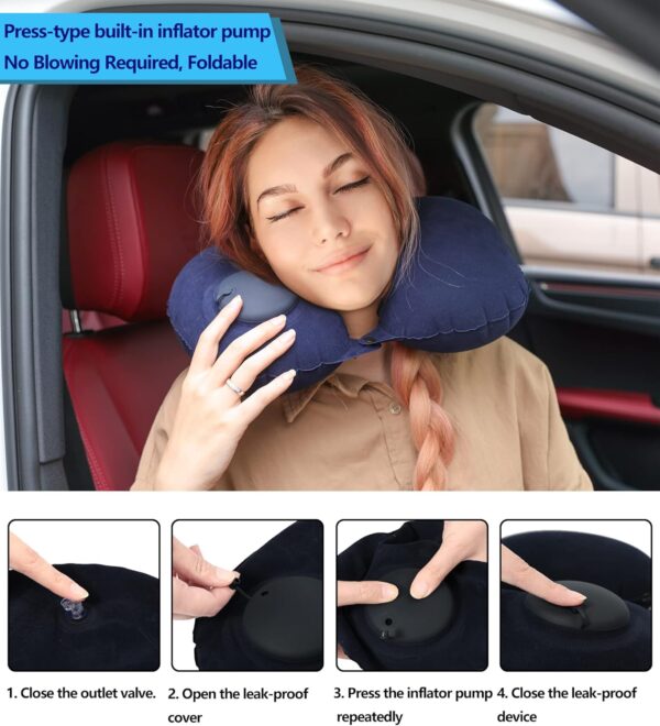 Travel Blanket and Pillow Set - Portable Inflatable Travel Neck Pillow and Premium Soft Airplane Blanket with Built-in Soft Bag, Neck Snaps, Zippered Pouch,and Hand Luggage Strap,70" x 40" (Navy Blue) - Image 4