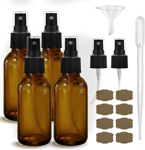 4 pcs Amber Glass Spray Bottles 2oz, Empty Small Spray Bottle Fine Mist Refillable Sprayer with Funnel Labels Droppers,Mini Travel Bottle for Essential Oils,Hair and Cleaning Solutions